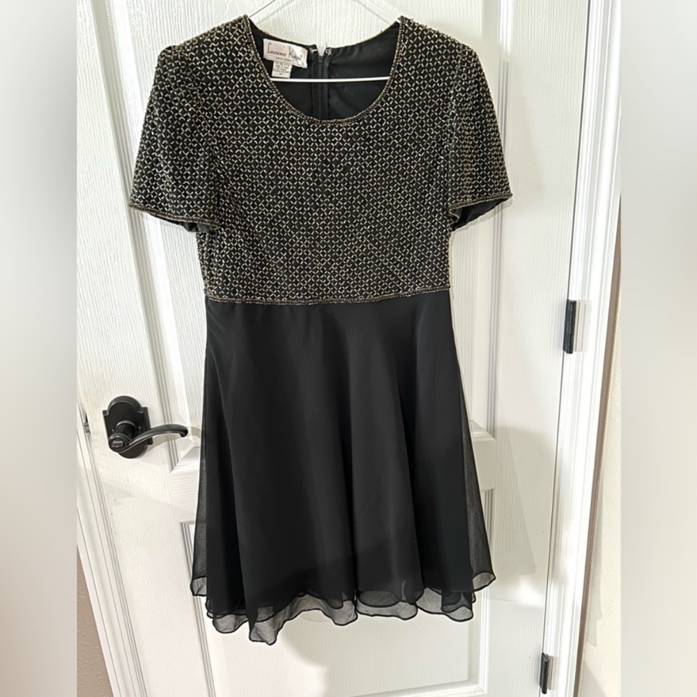 Vintage Laurence Kazar Black Beaded Short Sleeve Cocktail Dress Sz M